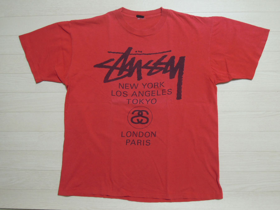 80's stussy Tシャツ／黒タグ-USA製／ワールドツアー／XL